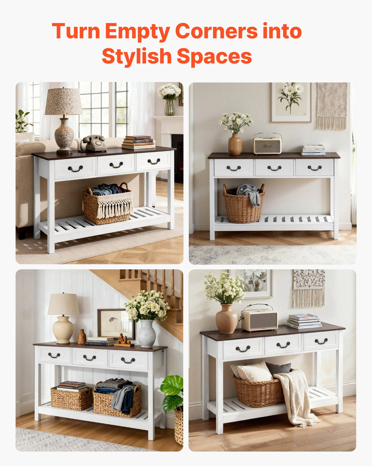 VEVOR 47 in Console Table, Farmhouse Desk Behind the Couch with Drawers and Bottom Storage Shelf, Wooden Rectangle Entrance Narrow Sofa Table for Hallway, Bedroom, Living Room, Foyer, Brown + White - BSXGZEKNSFCTTF2IY001V0 - view 8