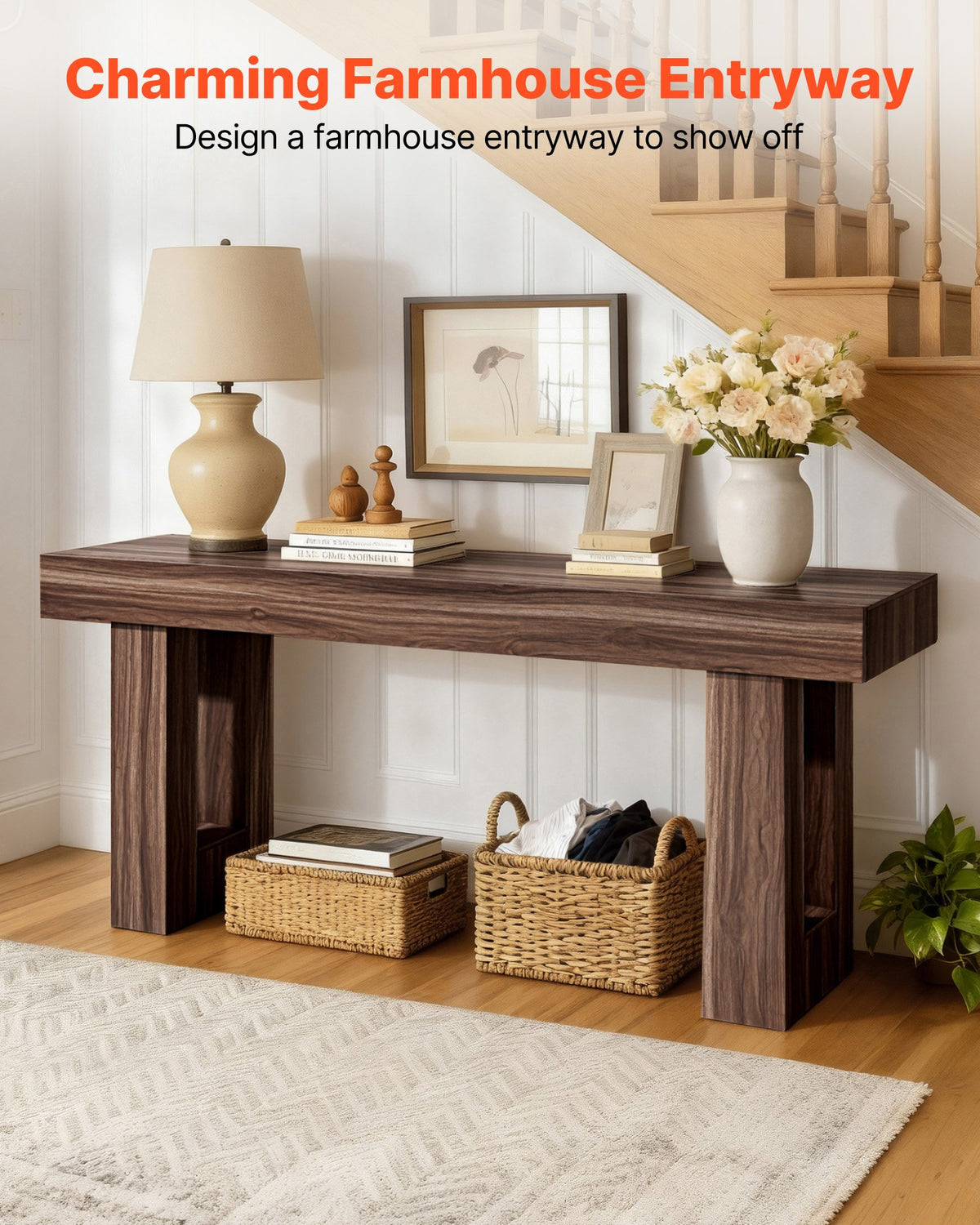 VEVOR 63 in Console Table, Farmhouse Desk Behind the Couch, Wooden Rectangle Entrance Desk, Narrow Long Sofa Table Accent Stand for Hallway, Bedroom, Living Room, Foyer, Easy Assembly, Brown - BSXGZEKNSFDC9VF7M001V0 - view 3
