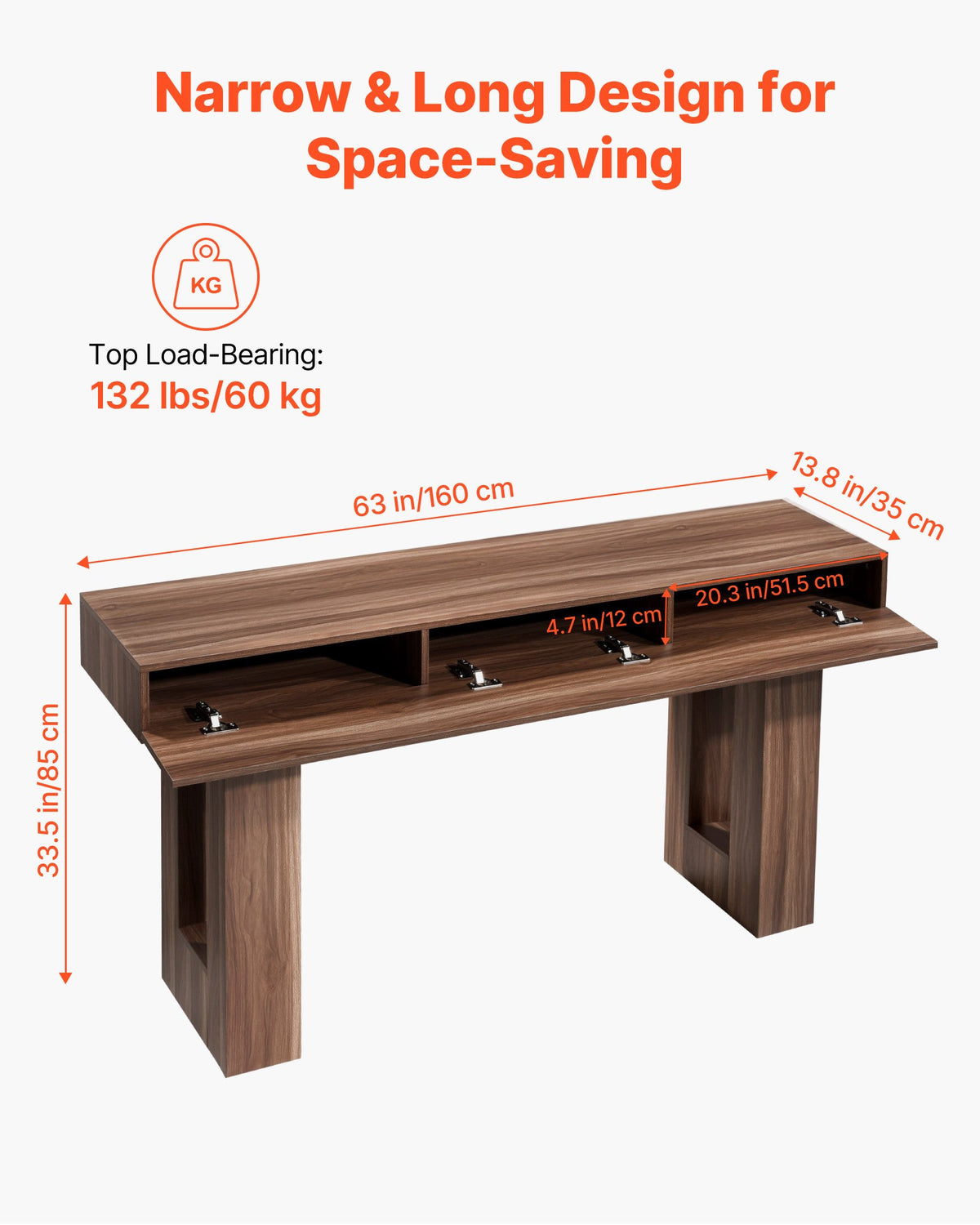 VEVOR 63 in Console Table, Farmhouse Desk Behind the Couch, Wooden Rectangle Entrance Desk, Narrow Long Sofa Table Accent Stand for Hallway, Bedroom, Living Room, Foyer, Easy Assembly, Brown - BSXGZEKNSFDC9VF7M001V0 - view 4