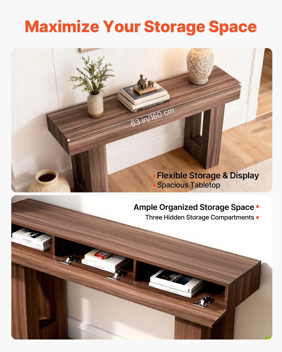 VEVOR 63 in Console Table, Farmhouse Desk Behind the Couch, Wooden Rectangle Entrance Desk, Narrow Long Sofa Table Accent Stand for Hallway, Bedroom, Living Room, Foyer, Easy Assembly, Brown - BSXGZEKNSFDC9VF7M001V0 - view 5