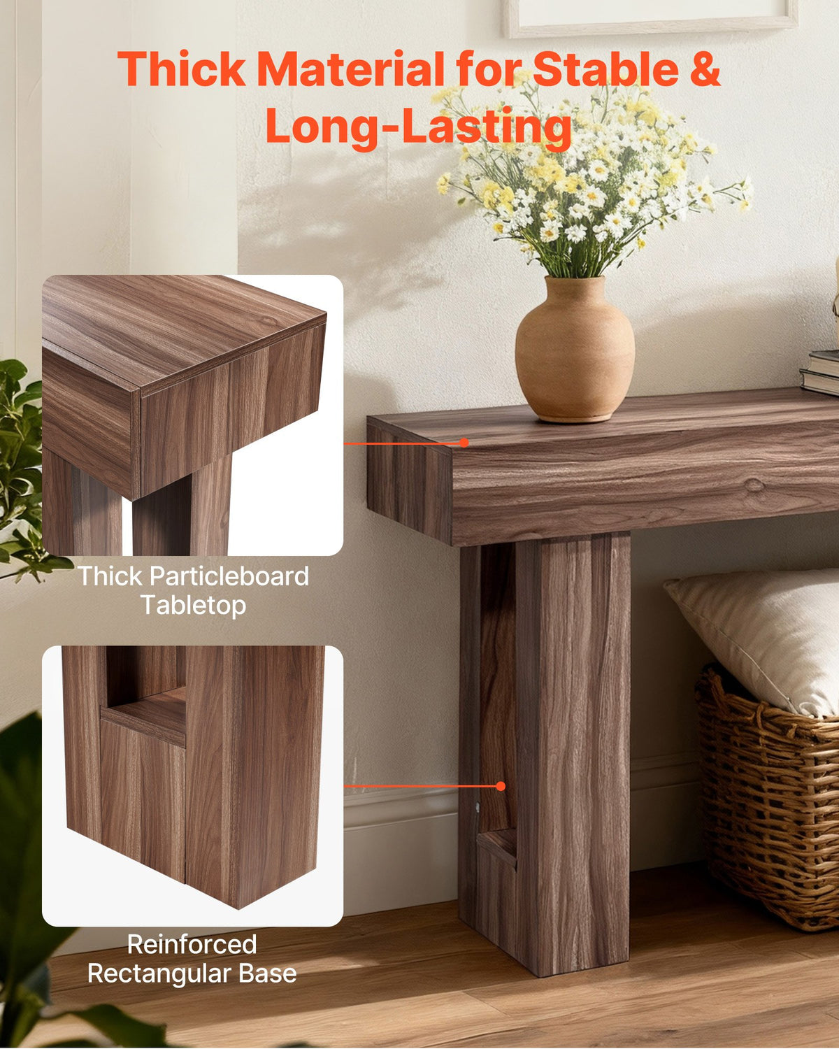 VEVOR 63 in Console Table, Farmhouse Desk Behind the Couch, Wooden Rectangle Entrance Desk, Narrow Long Sofa Table Accent Stand for Hallway, Bedroom, Living Room, Foyer, Easy Assembly, Brown - BSXGZEKNSFDC9VF7M001V0 - view 6