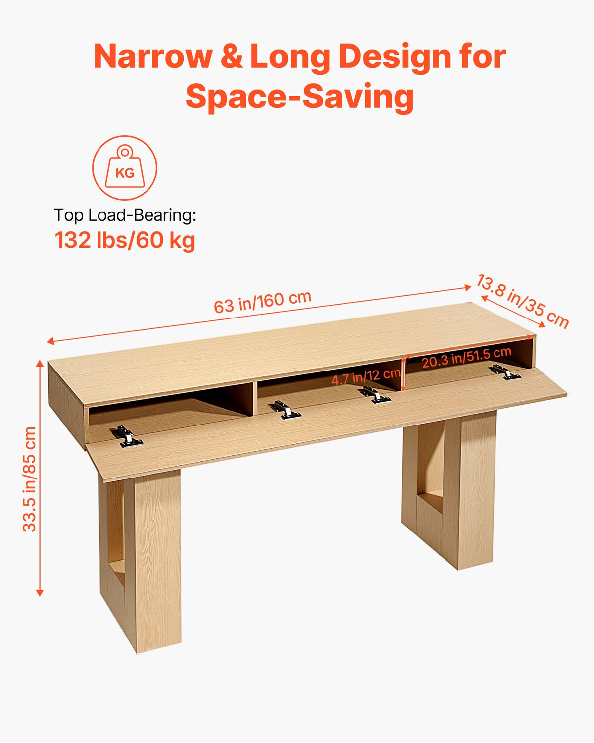 VEVOR 63 in Console Table, Farmhouse Desk Behind the Couch, Wooden Rectangle Entrance Desk, Narrow Long Sofa Table Accent Stand for Hallway, Bedroom, Living Room, Foyer, Easy Assembly, Burlywood - BSXGZEKNSFDCHP2KX001V0 - view 4