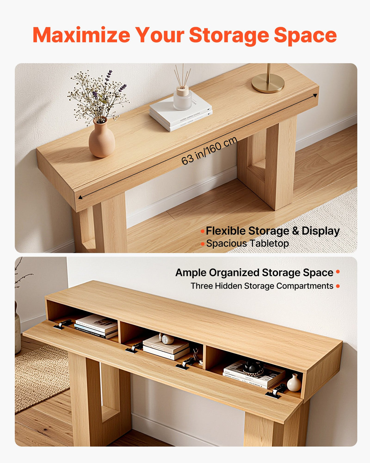VEVOR 63 in Console Table, Farmhouse Desk Behind the Couch, Wooden Rectangle Entrance Desk, Narrow Long Sofa Table Accent Stand for Hallway, Bedroom, Living Room, Foyer, Easy Assembly, Burlywood - BSXGZEKNSFDCHP2KX001V0 - view 5