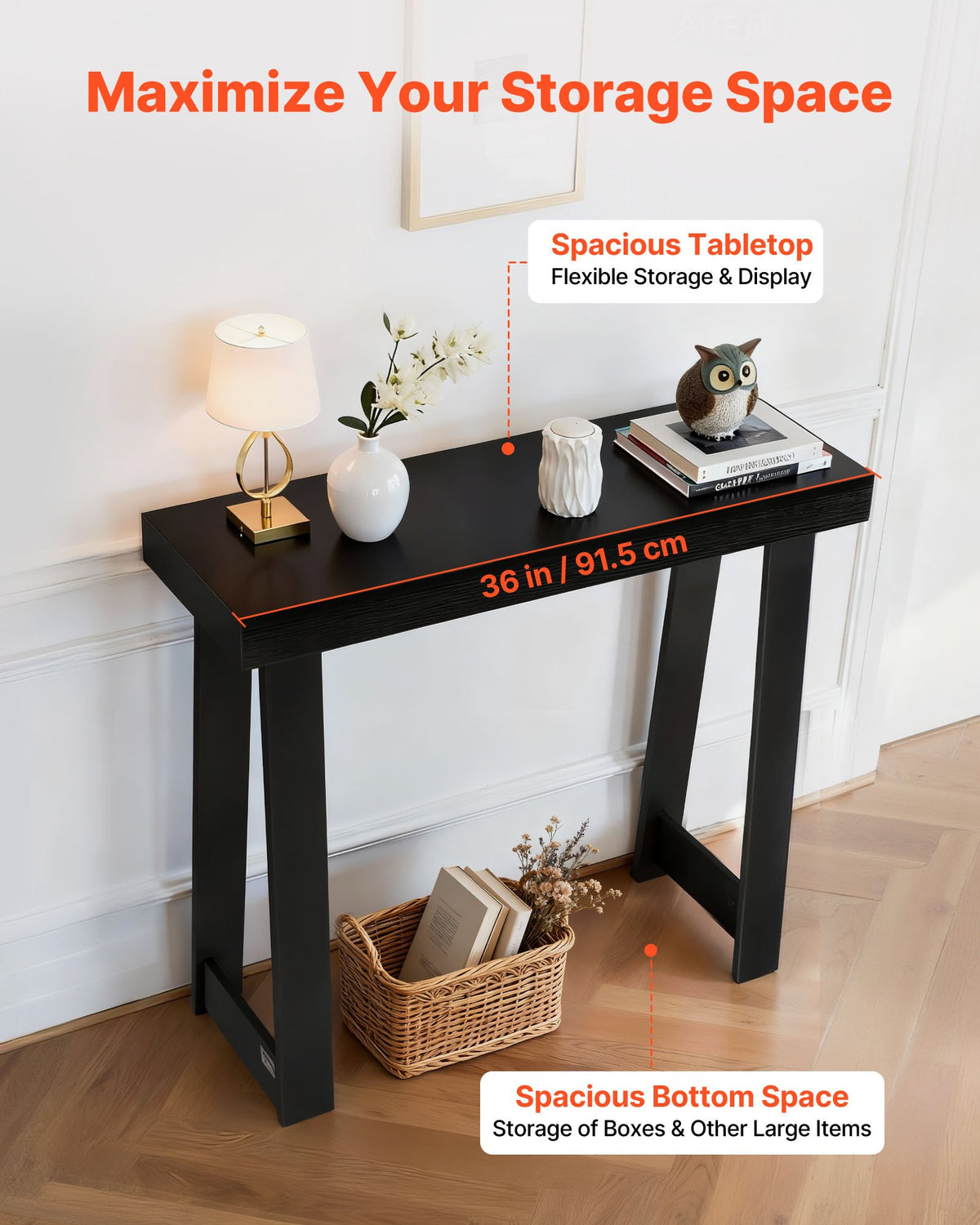 VEVOR 36 in Console Table, Modern Desk Behind the Couch, Wooden Rectangle Entrance Desk, Narrow Long Sofa Table Accent Stand, Ideal for Hallway, Bedroom, Living Room, Foyer, Easy Assembly, Black - BSXGZEKXDFDC2HZOH001V0 - view 5