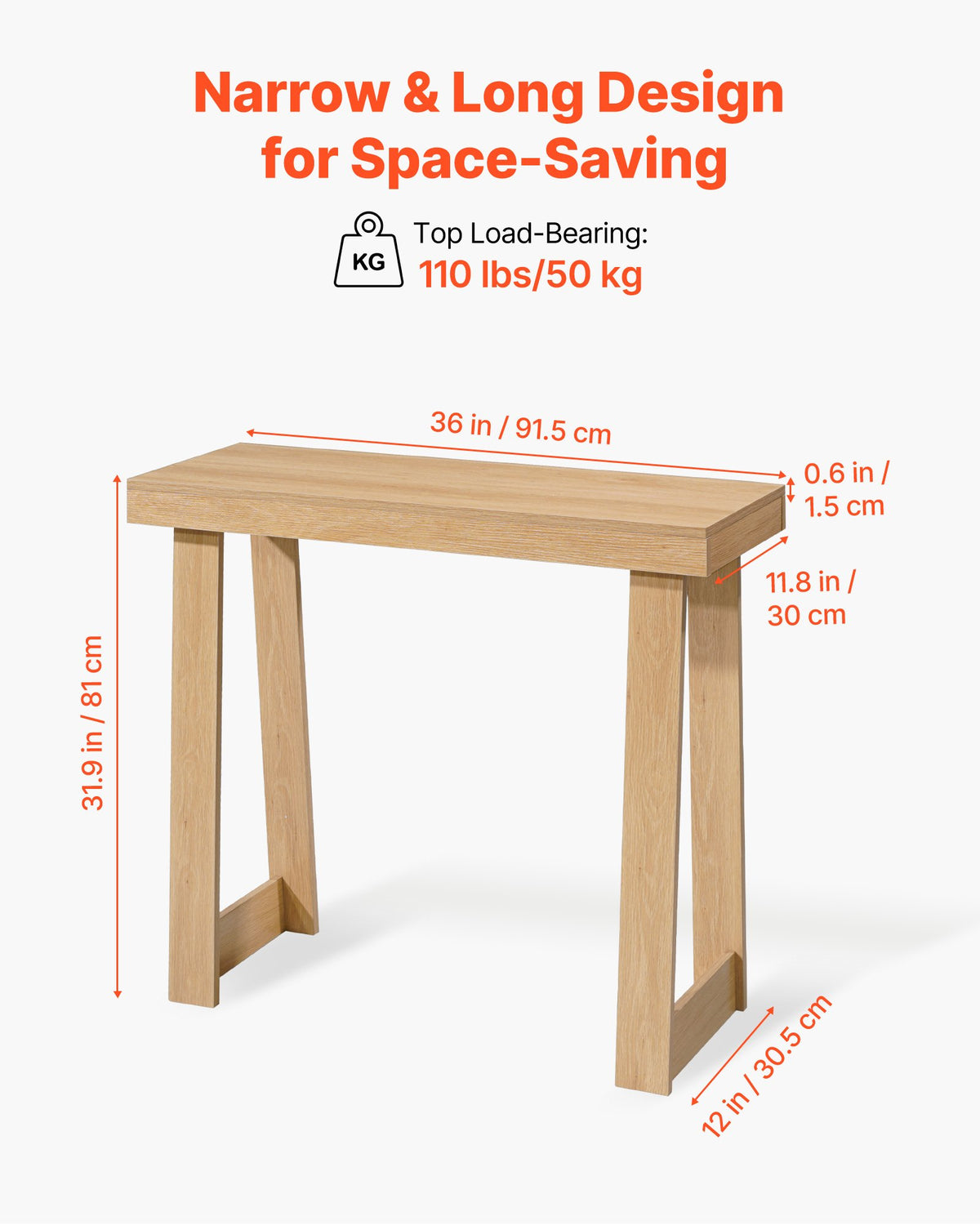 VEVOR 36 in Console Table, Modern Desk Behind the Couch, Wooden Rectangle Entrance Desk, Narrow Long Sofa Table Accent Stand, Ideal for Hallway, Bedroom, Living Room, Foyer, Easy Assembly, Burlywood - BSXGZEKXDFDCFPA8Z001V0 - view 4