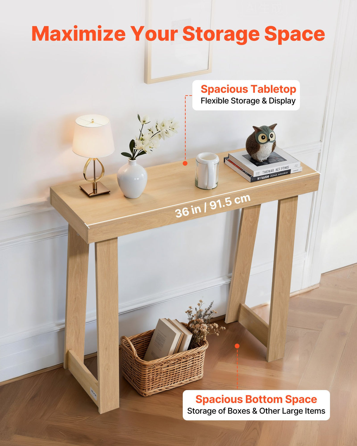 VEVOR 36 in Console Table, Modern Desk Behind the Couch, Wooden Rectangle Entrance Desk, Narrow Long Sofa Table Accent Stand, Ideal for Hallway, Bedroom, Living Room, Foyer, Easy Assembly, Burlywood - BSXGZEKXDFDCFPA8Z001V0 - view 5