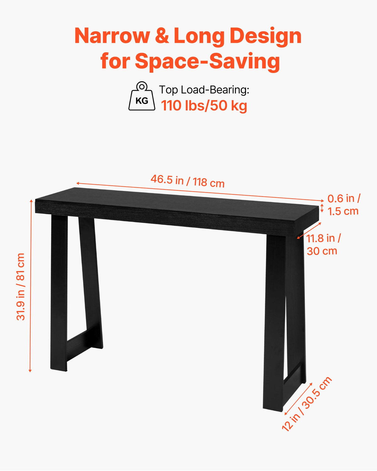 VEVOR 46 in Console Table, Modern Desk Behind the Couch, Wooden Rectangle Entrance Desk, Narrow Long Sofa Table Accent Stand for Hallway, Bedroom, Living Room, Foyer, Easy Assembly, Black - BSXGZEKXDFDCSG0Y6001V0 - view 4