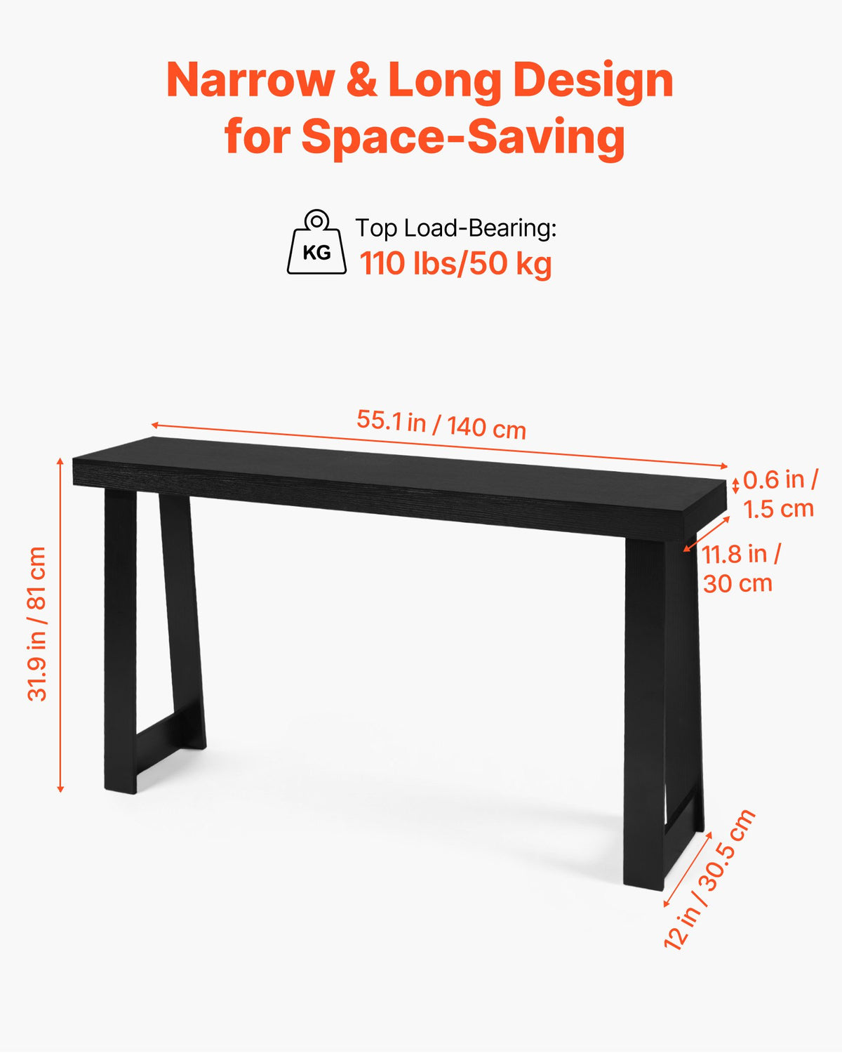VEVOR 56 in Console Table, Modern Desk Behind the Couch, Wooden Rectangle Entrance Desk, Narrow Long Sofa Table Accent Stand, Ideal for Hallway, Bedroom, Living Room, Foyer, Easy Assembly, Black - BSXGZEKXDFDCVS4X2001V0 - view 4