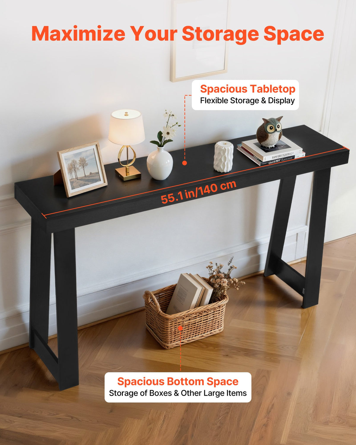 VEVOR 56 in Console Table, Modern Desk Behind the Couch, Wooden Rectangle Entrance Desk, Narrow Long Sofa Table Accent Stand, Ideal for Hallway, Bedroom, Living Room, Foyer, Easy Assembly, Black - BSXGZEKXDFDCVS4X2001V0 - view 5