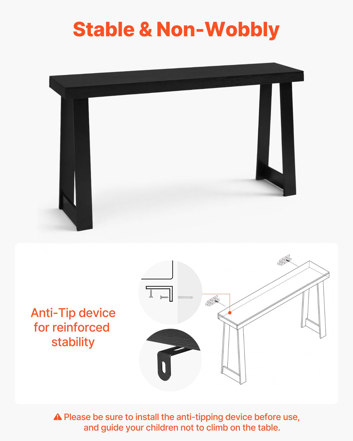 VEVOR 56 in Console Table, Modern Desk Behind the Couch, Wooden Rectangle Entrance Desk, Narrow Long Sofa Table Accent Stand, Ideal for Hallway, Bedroom, Living Room, Foyer, Easy Assembly, Black - BSXGZEKXDFDCVS4X2001V0 - view 7