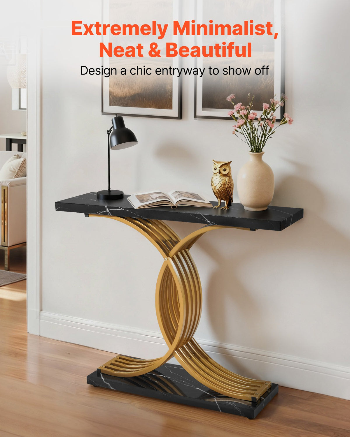 VEVOR 39 in Gold Console Table, Modern Desk Behind the Couch, Wood Rectangle Entrance Desk, Narrow Long Sofa Table Accent Stand with Metal Legs for Hallway, Bedroom, Living Room, Foyer, Easy Assembly - BSXGZEKXDFDCWO7G0001V0 - view 3