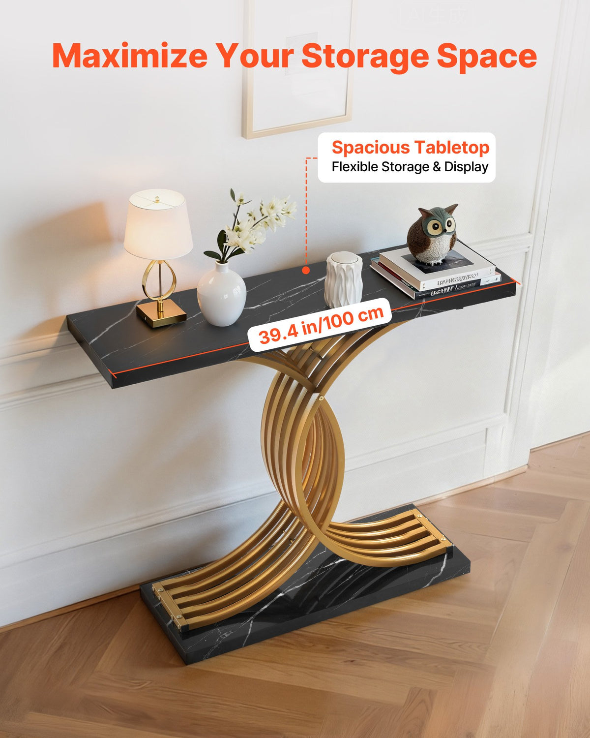 VEVOR 39 in Gold Console Table, Modern Desk Behind the Couch, Wood Rectangle Entrance Desk, Narrow Long Sofa Table Accent Stand with Metal Legs for Hallway, Bedroom, Living Room, Foyer, Easy Assembly - BSXGZEKXDFDCWO7G0001V0 - view 5