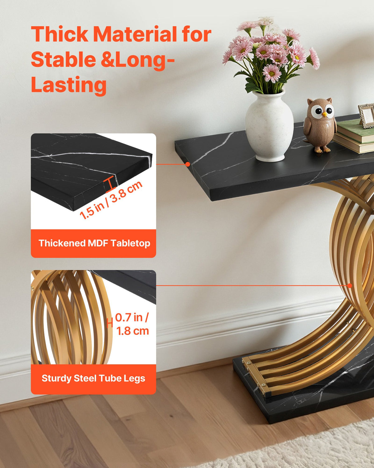 VEVOR 39 in Gold Console Table, Modern Desk Behind the Couch, Wood Rectangle Entrance Desk, Narrow Long Sofa Table Accent Stand with Metal Legs for Hallway, Bedroom, Living Room, Foyer, Easy Assembly - BSXGZEKXDFDCWO7G0001V0 - view 6