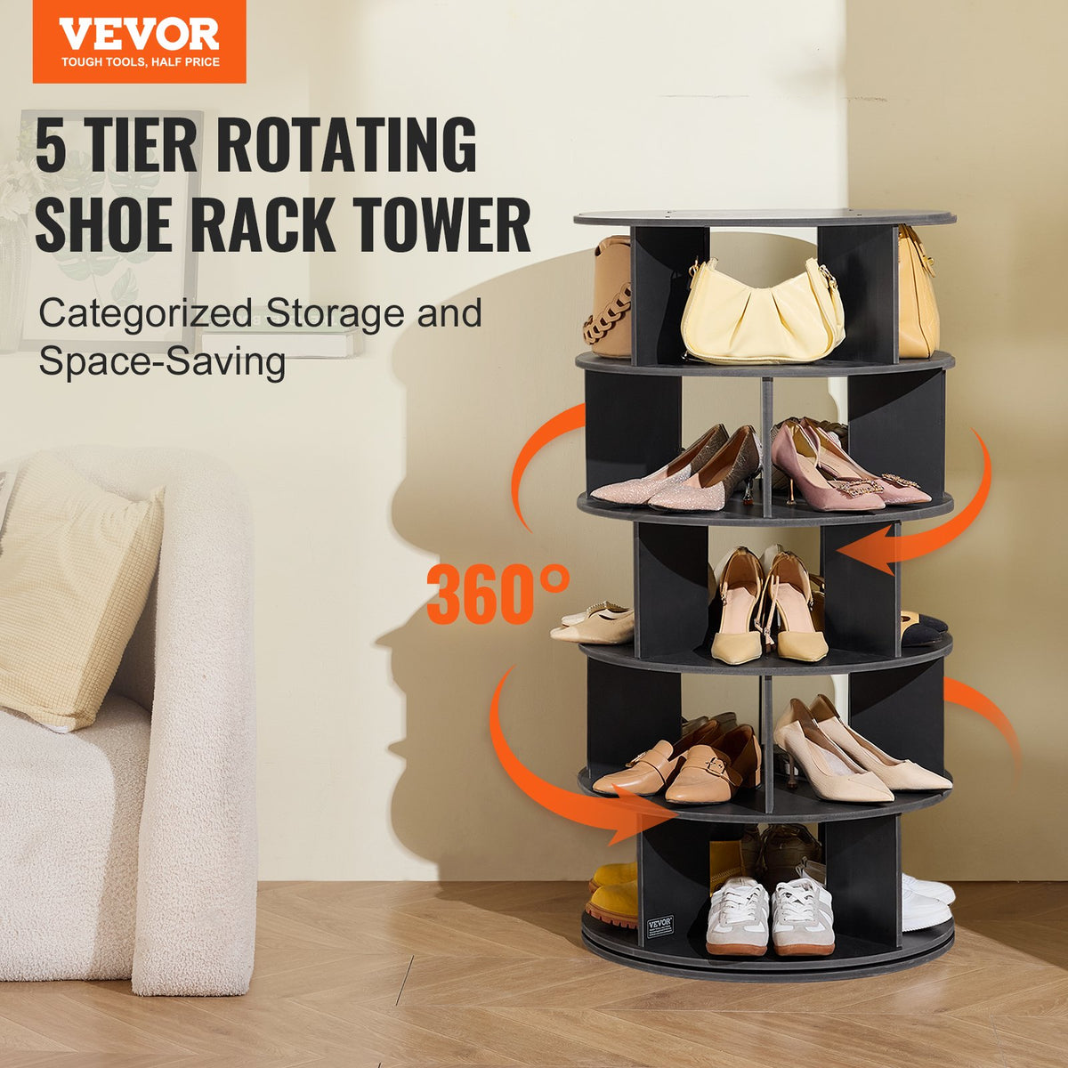 VEVOR 5 Tiers Rotating Shoe Rack Tower, 360°Spinning Shoe Display, Revolving Shoe Rack Storage Round Carousel, Lazy Susan Shoe Rack Organizer, Ideal for Bedroom, Living Room, Entryway, Black - BSXZXJ5CZK4GGI2WYV0 - view 3