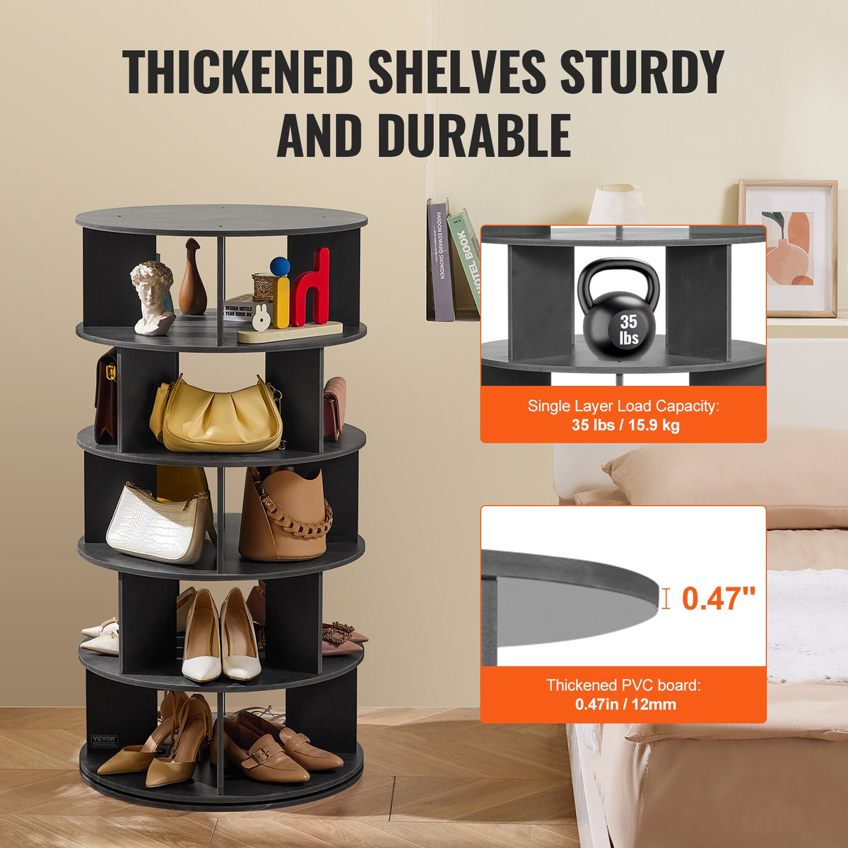 VEVOR 5 Tiers Rotating Shoe Rack Tower, 360°Spinning Shoe Display, Revolving Shoe Rack Storage Round Carousel, Lazy Susan Shoe Rack Organizer, Ideal for Bedroom, Living Room, Entryway, Black - BSXZXJ5CZK4GGI2WYV0 - view 6