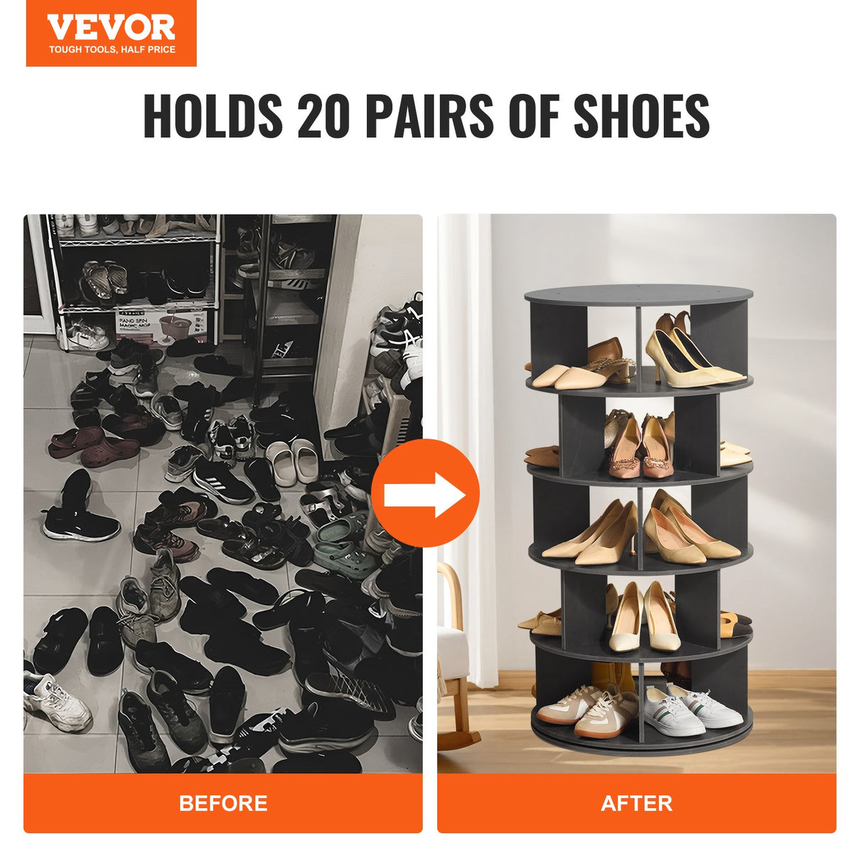 VEVOR 5 Tiers Rotating Shoe Rack Tower, 360°Spinning Shoe Display, Revolving Shoe Rack Storage Round Carousel, Lazy Susan Shoe Rack Organizer, Ideal for Bedroom, Living Room, Entryway, Black - BSXZXJ5CZK4GGI2WYV0 - view 8