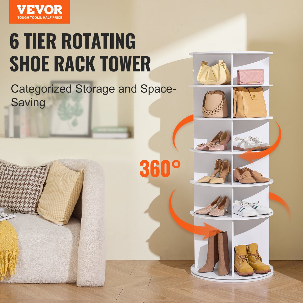 VEVOR 6 Tiers Rotating Shoe Rack Tower, 360°Spinning Shoe Display, Revolving Shoe Rack Storage Round Carousel, Lazy Susan Shoe Rack Organizer, Ideal for Bedroom, Living Room, Entryway, White - BSXZXJ6CGD4GJF8W5V0 - view 3