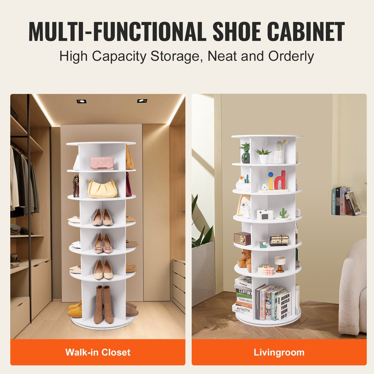 VEVOR 6 Tiers Rotating Shoe Rack Tower, 360°Spinning Shoe Display, Revolving Shoe Rack Storage Round Carousel, Lazy Susan Shoe Rack Organizer, Ideal for Bedroom, Living Room, Entryway, White - BSXZXJ6CGD4GJF8W5V0 - view 4