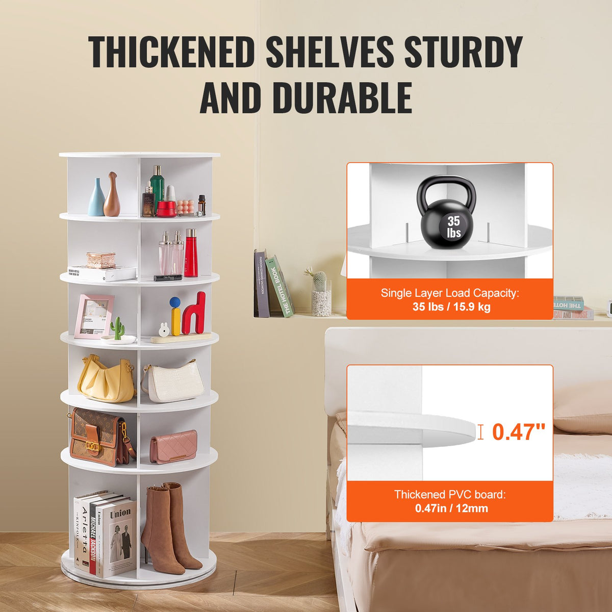 VEVOR 6 Tiers Rotating Shoe Rack Tower, 360°Spinning Shoe Display, Revolving Shoe Rack Storage Round Carousel, Lazy Susan Shoe Rack Organizer, Ideal for Bedroom, Living Room, Entryway, White - BSXZXJ6CGD4GJF8W5V0 - view 6