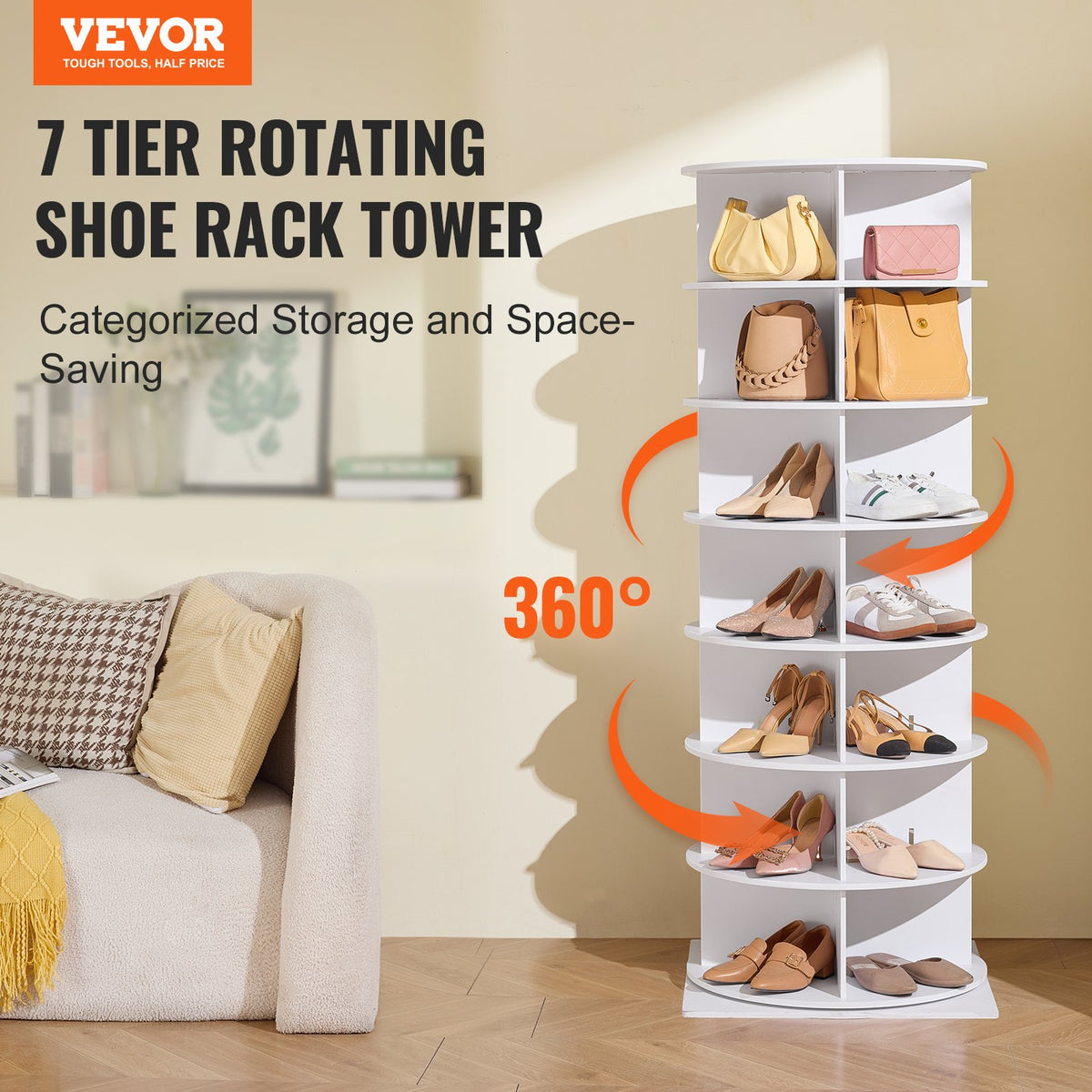 VEVOR 7 Tiers Rotating Shoe Rack Tower, 360°Spinning Shoe Display, Revolving Shoe Rack Storage Round Carousel, Lazy Susan Shoe Rack Organizer with Base for Bedroom, Living Room, Entryway, White - BSXZXJ7CGD4G22506V0 - view 3
