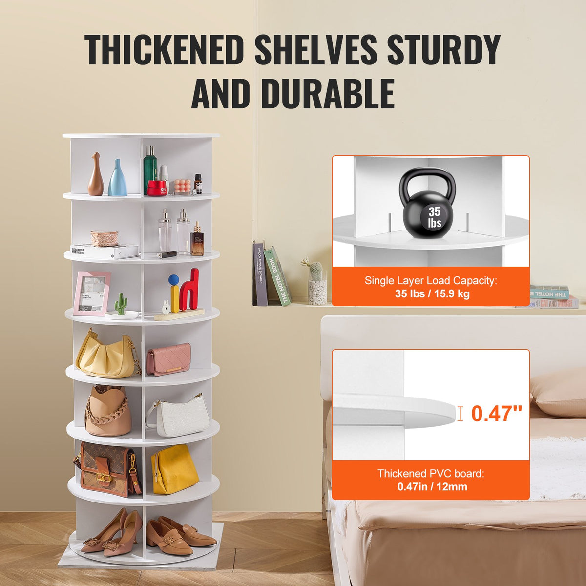 VEVOR 7 Tiers Rotating Shoe Rack Tower, 360°Spinning Shoe Display, Revolving Shoe Rack Storage Round Carousel, Lazy Susan Shoe Rack Organizer with Base for Bedroom, Living Room, Entryway, White - BSXZXJ7CGD4G22506V0 - view 6