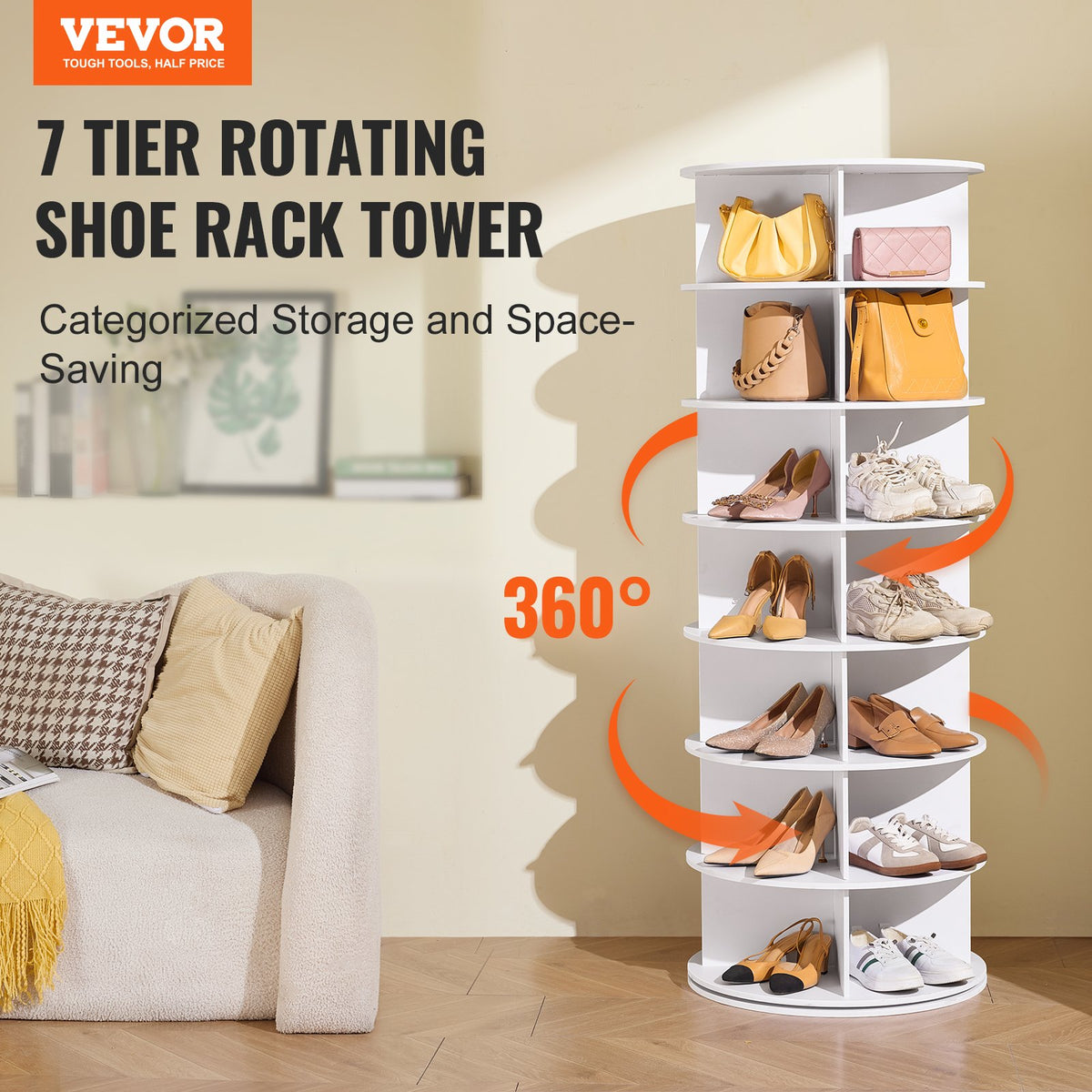 VEVOR 7 Tiers Rotating Shoe Rack Tower, 360°Spinning Shoe Display, Revolving Shoe Rack Storage Round Carousel, Lazy Susan Shoe Rack Organizer, Ideal for Bedroom, Living Room, Entryway, White - BSXZXJ7CGD4GUW3CKV0 - view 3