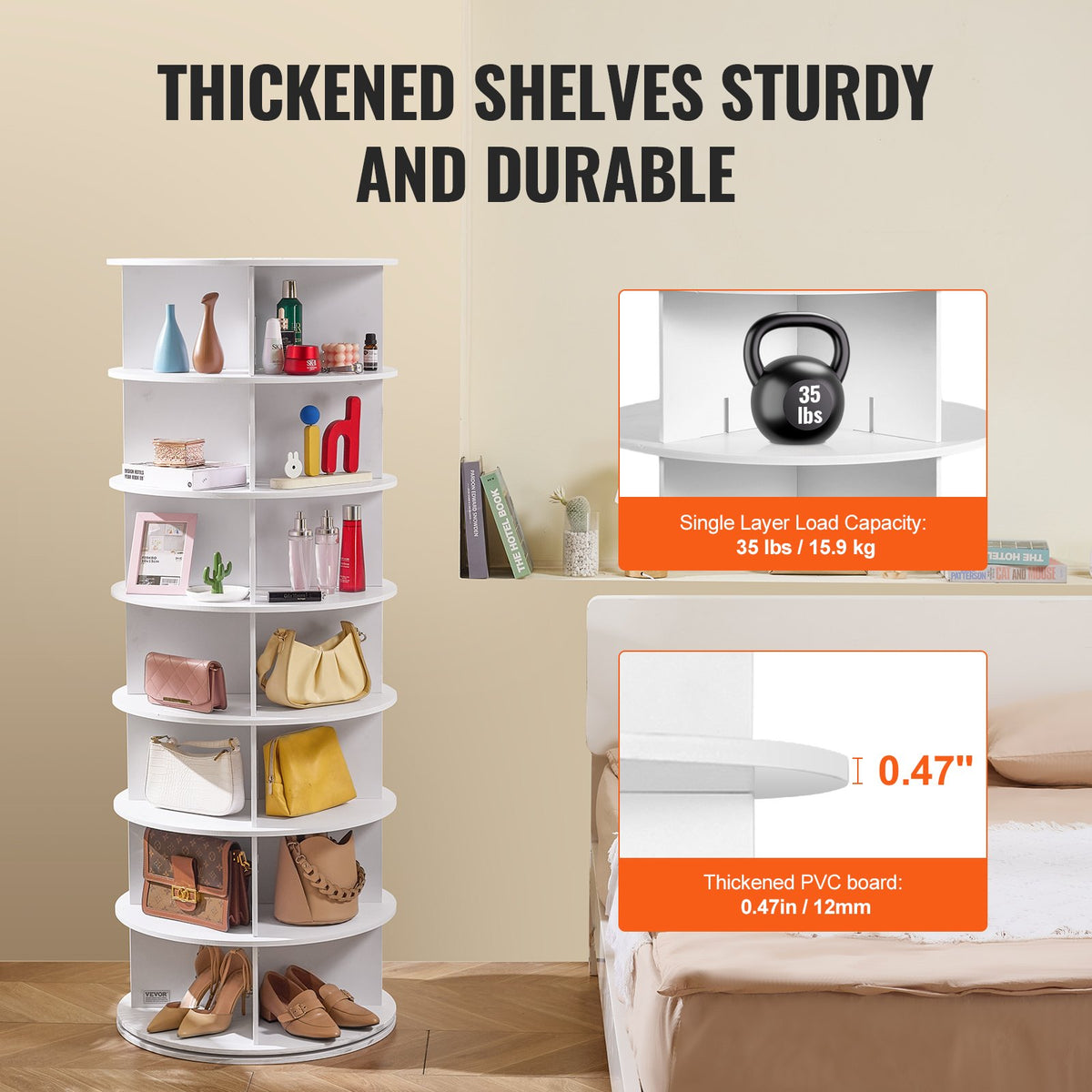 VEVOR 7 Tiers Rotating Shoe Rack Tower, 360°Spinning Shoe Display, Revolving Shoe Rack Storage Round Carousel, Lazy Susan Shoe Rack Organizer, Ideal for Bedroom, Living Room, Entryway, White - BSXZXJ7CGD4GUW3CKV0 - view 6