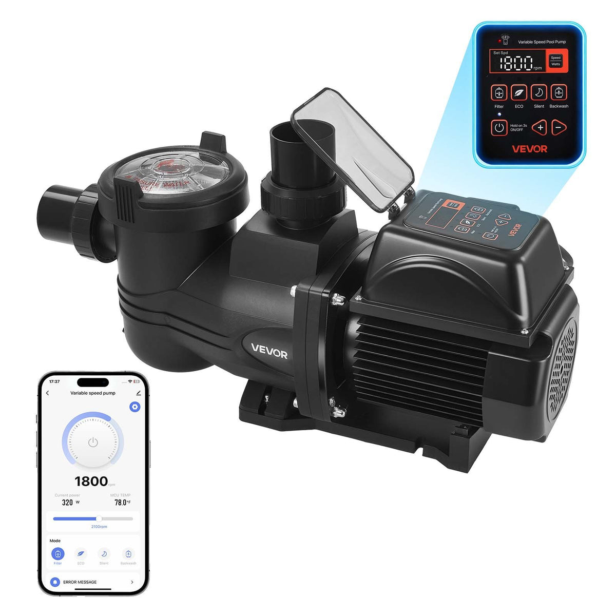VEVOR Variable Speed Pool Pump, 1.5 HP, AC 220-240V, 132 GPM, In/Above Swimming Pool Pump with Filter Basket, Powerful Self Priming, Programmable Timer, for Inground and Above Ground Swimming Pool - BSYCGLBSS15HTPH92001V4 - view 1