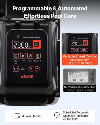 VEVOR Variable Speed Pool Pump, 1.5 HP, AC 220-240V, 132 GPM, In/Above Swimming Pool Pump with Filter Basket, Powerful Self Priming, Programmable Timer, for Inground and Above Ground Swimming Pool - BSYCGLBSS15HTPH92001V4 - view 6