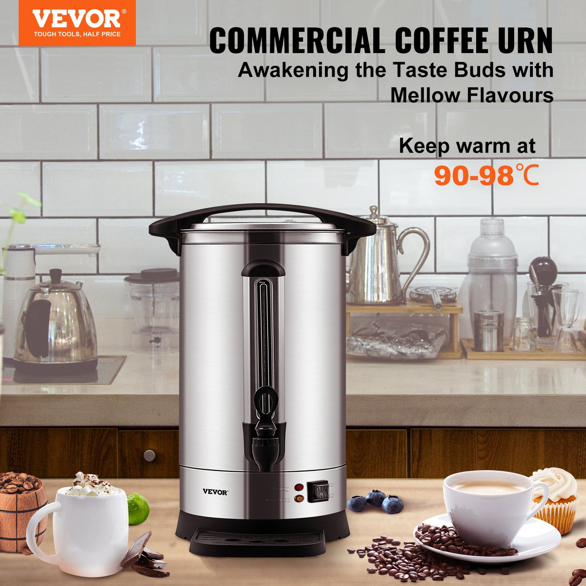VEVOR Commercial Coffee Urn, 65 Cups Stainless Steel Large Coffee Dispenser, 1500W 110V Electric Coffee Maker Urn For Quick Brewing, Hot Water Urn with Detachable Power Cord for - BSYKF65SUS304P18XV1 - view 2