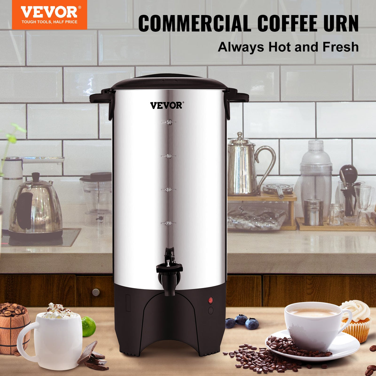 VEVOR Commercial Coffee Urn, 50 Cups Stainless Steel Large Coffee Dispenser, 1000W 110V Electric Coffee Maker Urn For Quick Brewing, Hot Water Urn with Detachable Power Cord for - BSYKFTDCJ50PPR98WV1 - view 2
