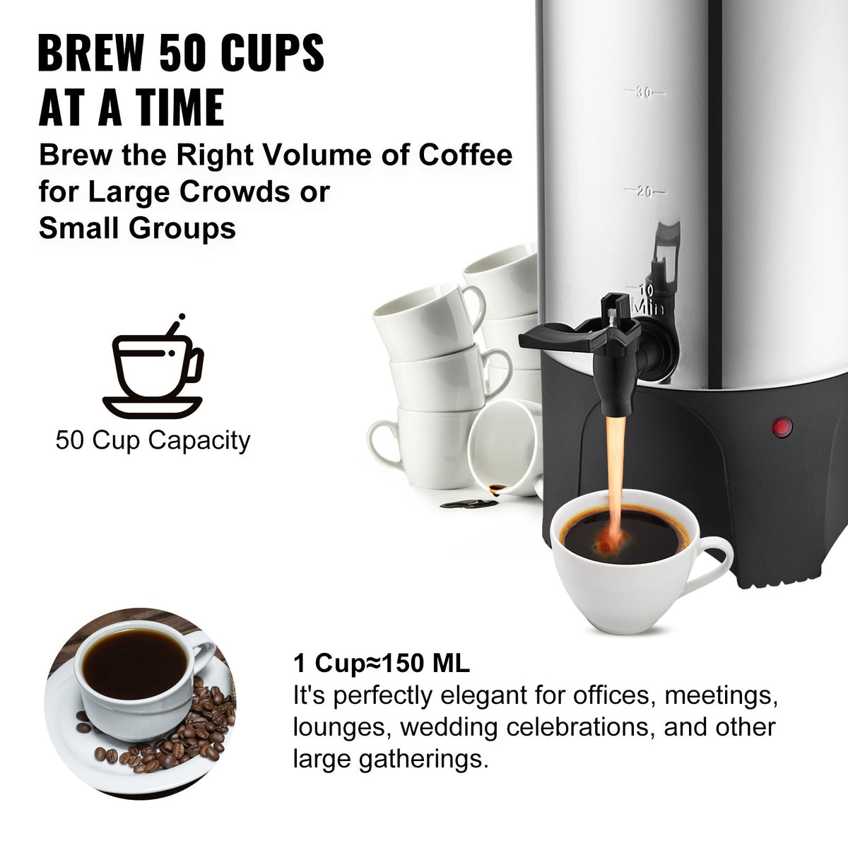 VEVOR Commercial Coffee Urn, 50 Cups Stainless Steel Large Coffee Dispenser, 1000W 110V Electric Coffee Maker Urn For Quick Brewing, Hot Water Urn with Detachable Power Cord for - BSYKFTDCJ50PPR98WV1 - view 3