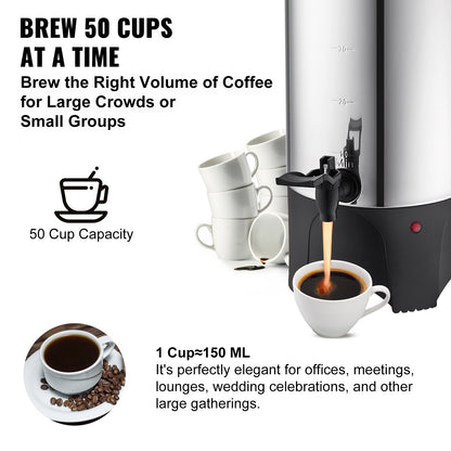 VEVOR Commercial Coffee Urn, 50 Cups Stainless Steel Large Coffee Dispenser, 1000W 110V Electric Coffee Maker Urn For Quick Brewing, Hot Water Urn with Detachable Power Cord for - BSYKFTDCJ50PPR98WV1 - view 3