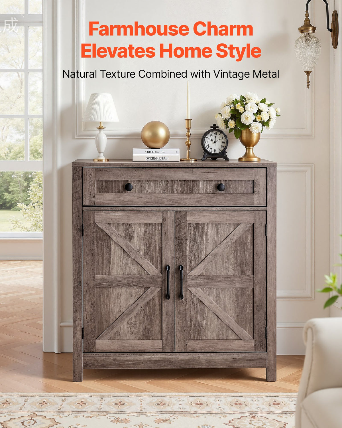 VEVOR Coffee Bar Cabinet, Farmhouse Coffee Bar Table with Drawer, Buffet Stand Cabinet with 2 Barn Doors, Sideboard Buffet Station for Living Room, Entryway, Kitchen, 29.5 x 14.7 x 31.5 in, Grey - BSZSJ30YCSXHYJPAI001V0 - view 3