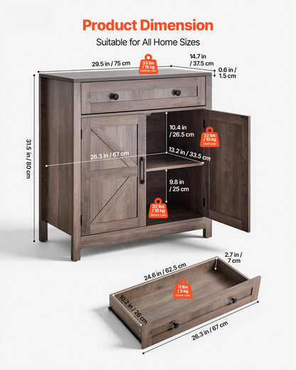 VEVOR Coffee Bar Cabinet, Farmhouse Coffee Bar Table with Drawer, Buffet Stand Cabinet with 2 Barn Doors, Sideboard Buffet Station for Living Room, Entryway, Kitchen, 29.5 x 14.7 x 31.5 in, Grey - BSZSJ30YCSXHYJPAI001V0 - view 4