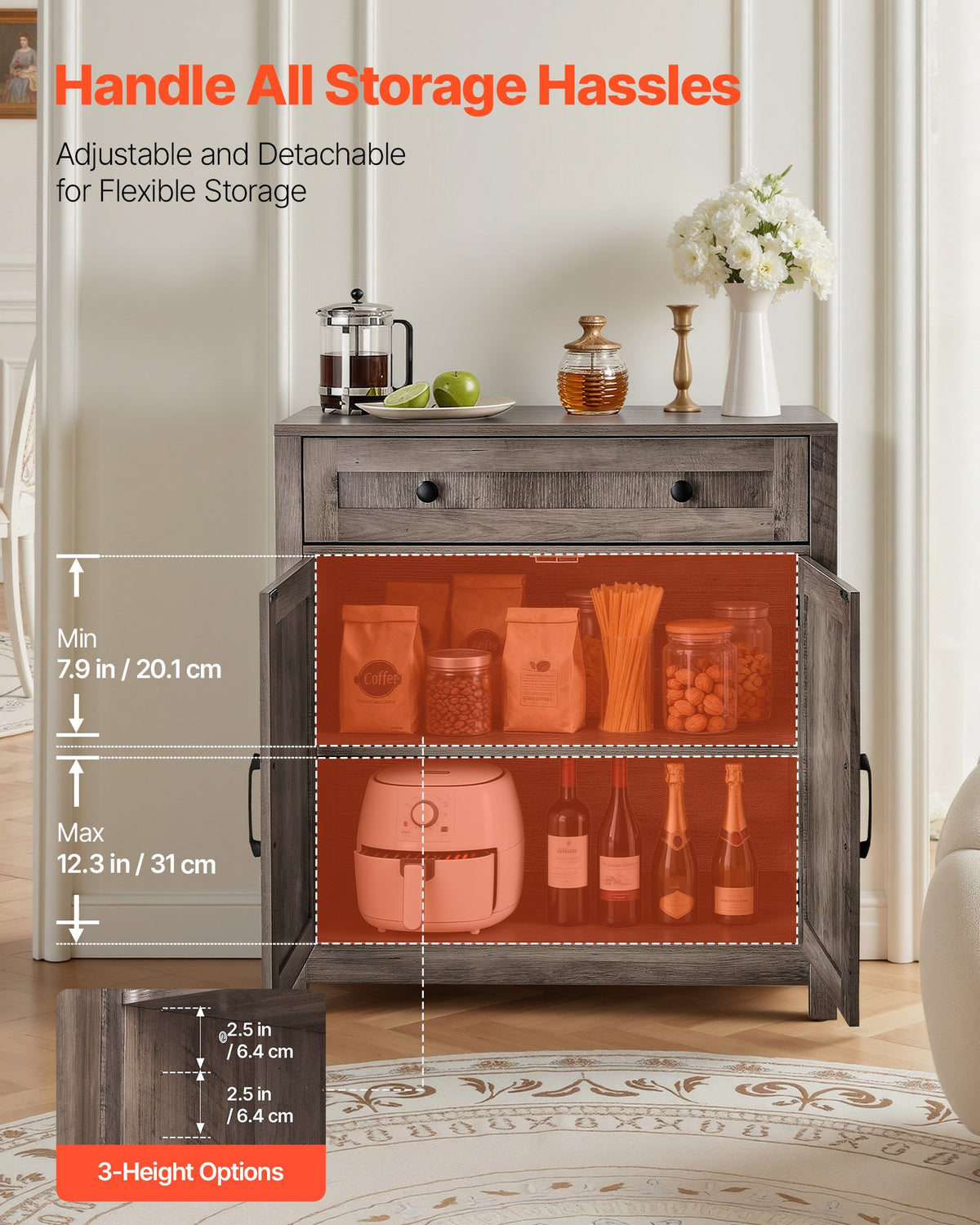 VEVOR Coffee Bar Cabinet, Farmhouse Coffee Bar Table with Drawer, Buffet Stand Cabinet with 2 Barn Doors, Sideboard Buffet Station for Living Room, Entryway, Kitchen, 29.5 x 14.7 x 31.5 in, Grey - BSZSJ30YCSXHYJPAI001V0 - view 5