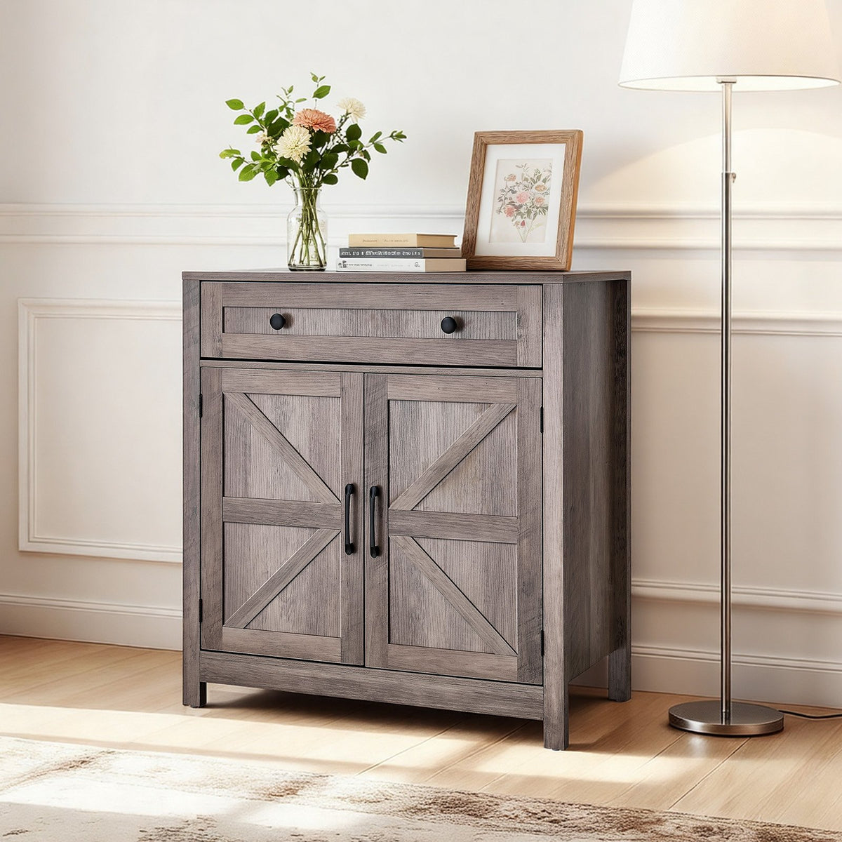 VEVOR Coffee Bar Cabinet, Farmhouse Coffee Bar Table with Drawer, Buffet Stand Cabinet with 2 Barn Doors, Sideboard Buffet Station for Living Room, Entryway, Kitchen, 29.5 x 14.7 x 31.5 in, Grey - BSZSJ30YCSXHYJPAI001V0 - view 9