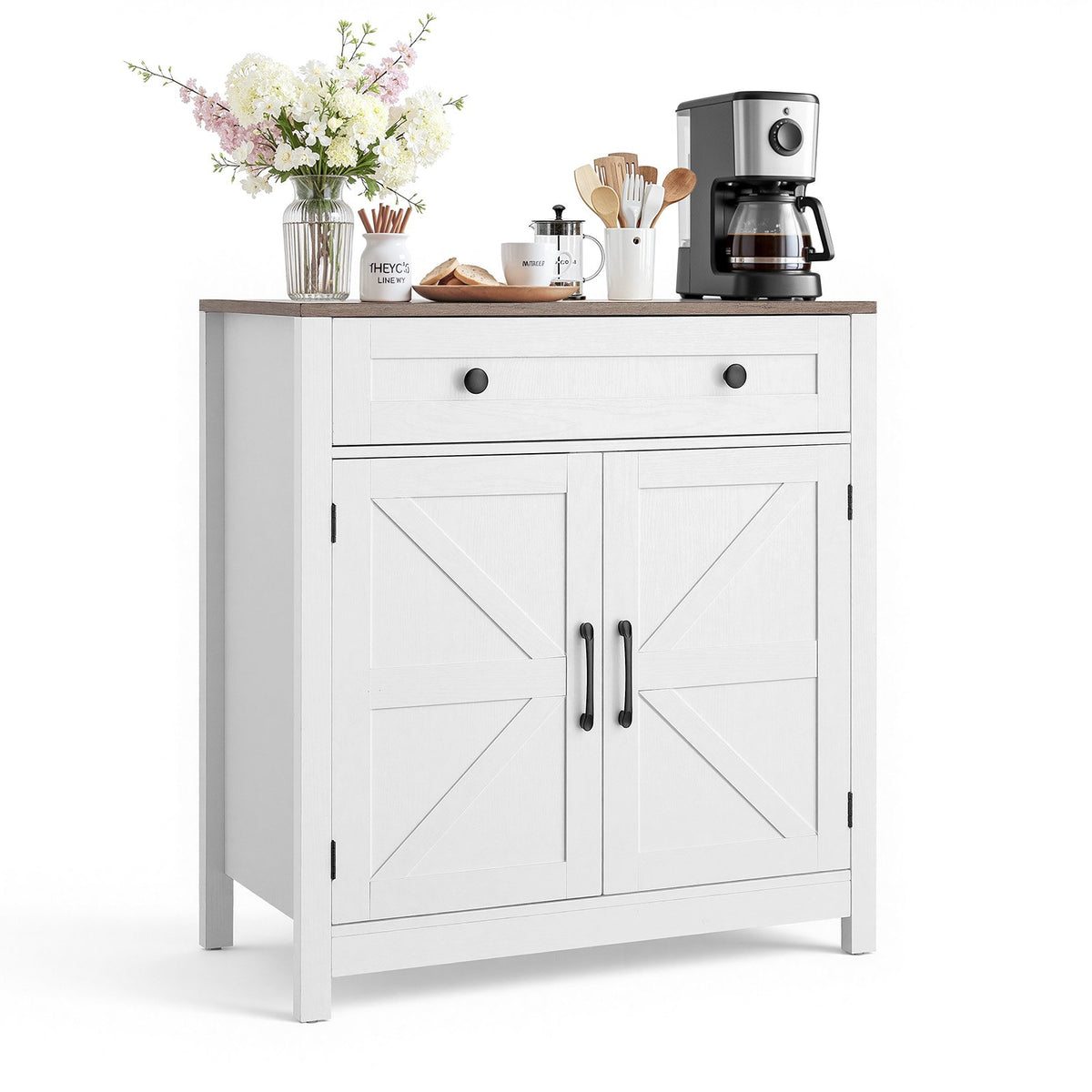 VEVOR Coffee Bar Cabinet, Farmhouse Coffee Bar Table with Drawer, Buffet Stand Cabinet with 2 Barn Door, Sideboard Buffet Station for Living Room, Entryway, Kitchen, 29.5 x 14.7 x 31.5 in, White - BSZSJ30YCZSBWOAA1001V0 - view 1