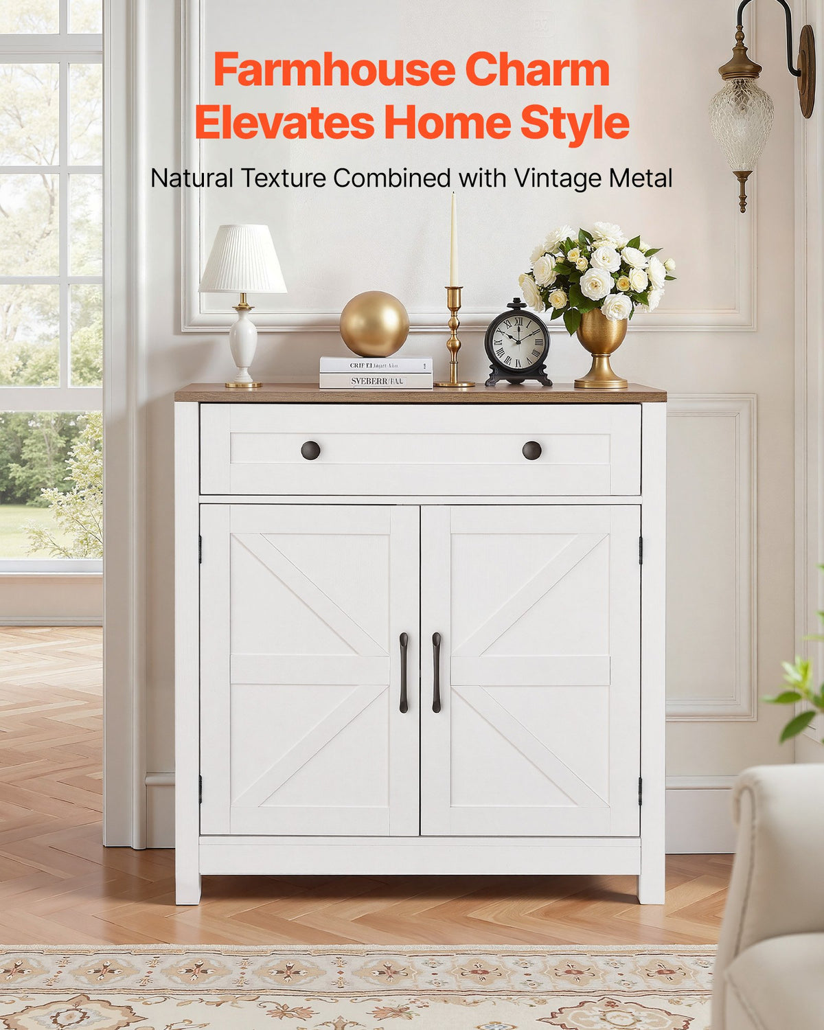 VEVOR Coffee Bar Cabinet, Farmhouse Coffee Bar Table with Drawer, Buffet Stand Cabinet with 2 Barn Door, Sideboard Buffet Station for Living Room, Entryway, Kitchen, 29.5 x 14.7 x 31.5 in, White - BSZSJ30YCZSBWOAA1001V0 - view 3