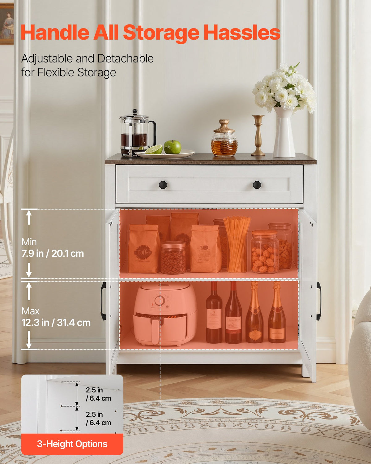 VEVOR Coffee Bar Cabinet, Farmhouse Coffee Bar Table with Drawer, Buffet Stand Cabinet with 2 Barn Door, Sideboard Buffet Station for Living Room, Entryway, Kitchen, 29.5 x 14.7 x 31.5 in, White - BSZSJ30YCZSBWOAA1001V0 - view 5