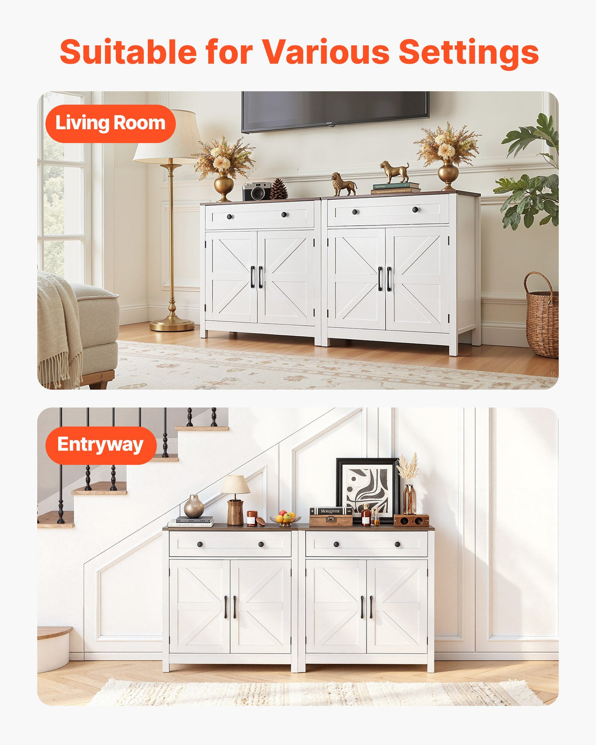 VEVOR Coffee Bar Cabinet, Farmhouse Coffee Bar Table with Drawer, Buffet Stand Cabinet with 2 Barn Door, Sideboard Buffet Station for Living Room, Entryway, Kitchen, 29.5 x 14.7 x 31.5 in, White - BSZSJ30YCZSBWOAA1001V0 - view 8