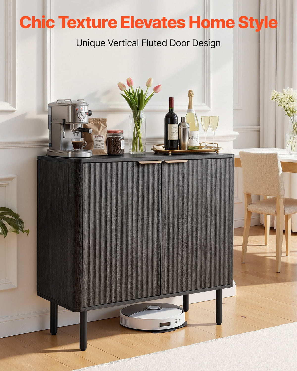 VEVOR Coffee Bar Cabinet, Mid Century Fluted Coffee Bar Table with 2-Tier Storage, Buffet Stand Cabinet with Barn Door, Sideboard Buffet Station for Living Room, Entryway, 31.5 x 14.7 x 31.5 in, Black - BSZSJ315YCHT8P1LL001V0 - view 3