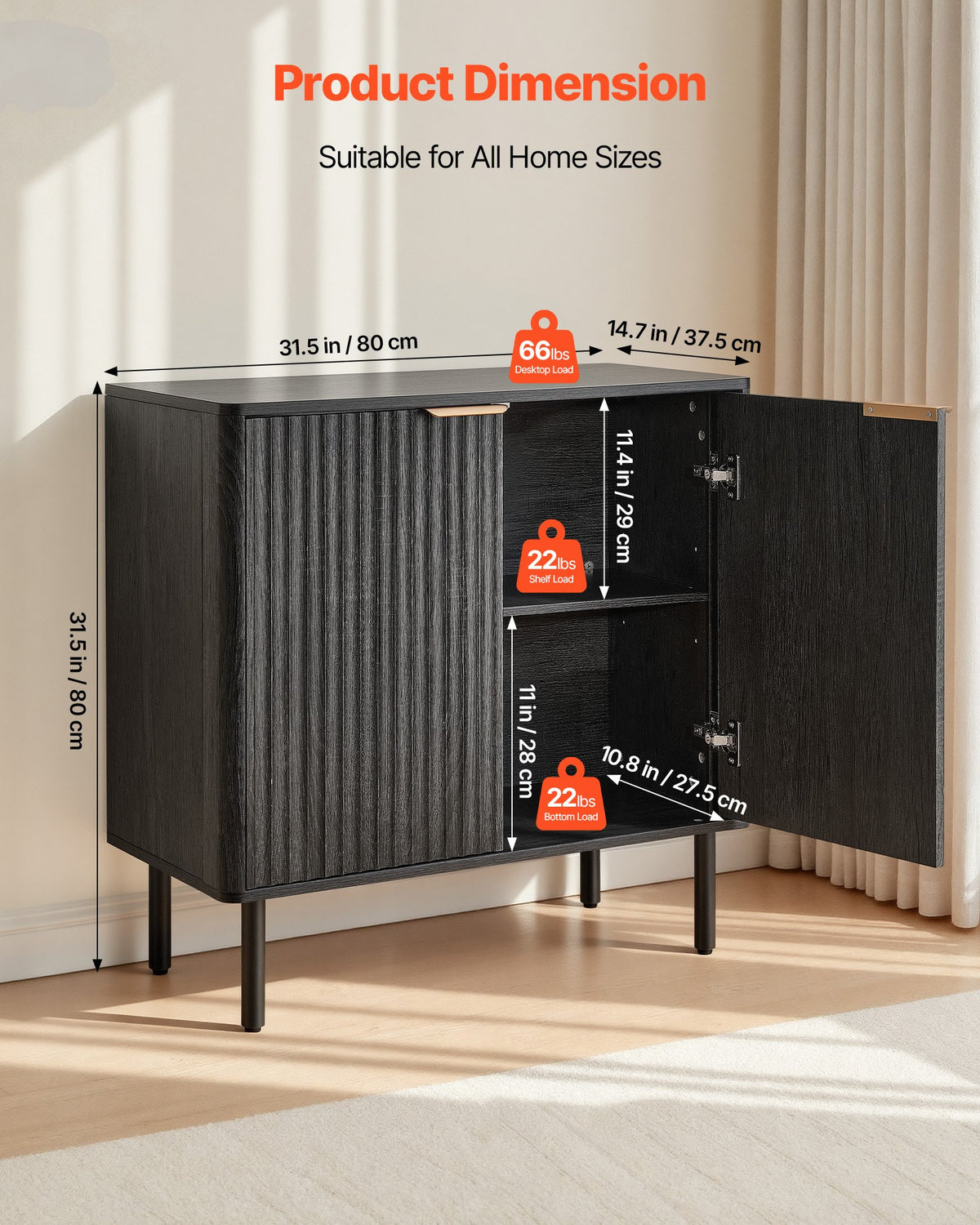 VEVOR Coffee Bar Cabinet, Mid Century Fluted Coffee Bar Table with 2-Tier Storage, Buffet Stand Cabinet with Barn Door, Sideboard Buffet Station for Living Room, Entryway, 31.5 x 14.7 x 31.5 in, Black - BSZSJ315YCHT8P1LL001V0 - view 4