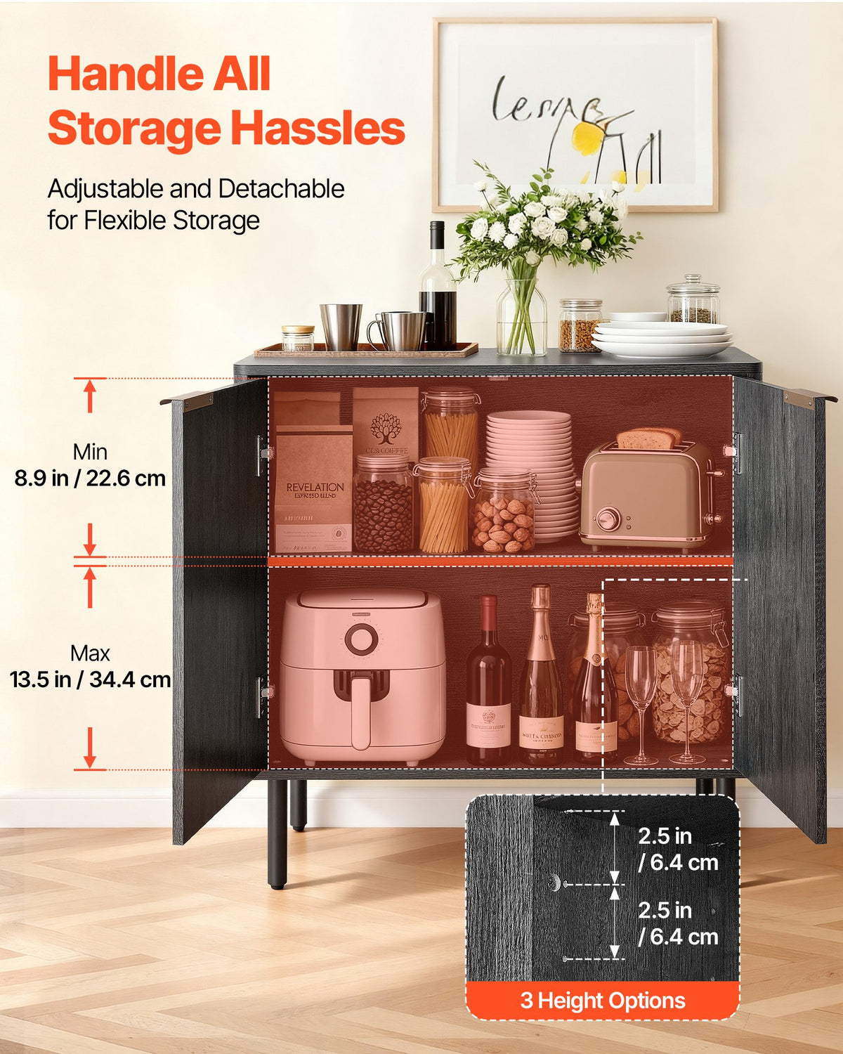 VEVOR Coffee Bar Cabinet, Mid Century Fluted Coffee Bar Table with 2-Tier Storage, Buffet Stand Cabinet with Barn Door, Sideboard Buffet Station for Living Room, Entryway, 31.5 x 14.7 x 31.5 in, Black - BSZSJ315YCHT8P1LL001V0 - view 5