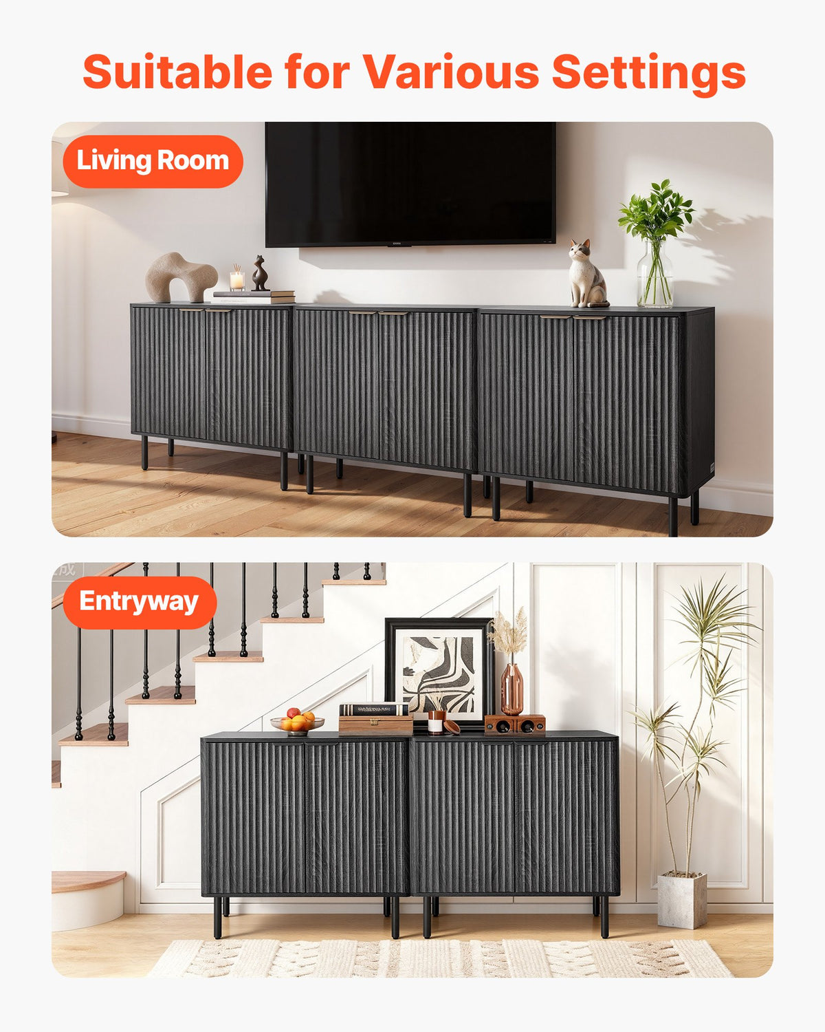 VEVOR Coffee Bar Cabinet, Mid Century Fluted Coffee Bar Table with 2-Tier Storage, Buffet Stand Cabinet with Barn Door, Sideboard Buffet Station for Living Room, Entryway, 31.5 x 14.7 x 31.5 in, Black - BSZSJ315YCHT8P1LL001V0 - view 8