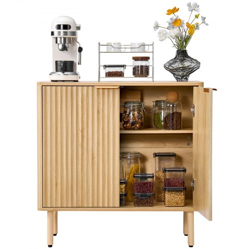 VEVOR Coffee Bar Cabinet, Mid Century Fluted Coffee Bar Table with 2-Tier Storage, Buffet Stand Cabinet with 2 Barn Door, Sideboard Buffet Station for Living Room, Entryway, 31.5 x 14.7 x 31.5 in, Oak - BSZSJ315YCYMN1VXL001V0 - view 2