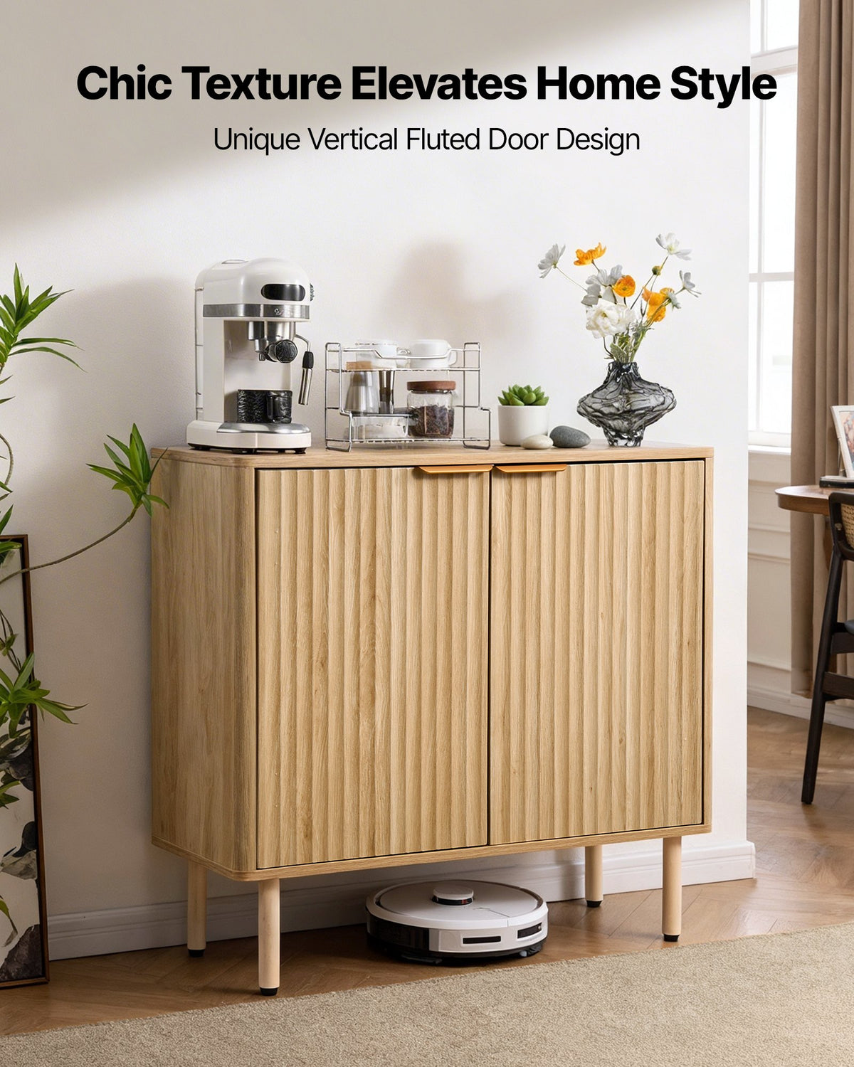 VEVOR Coffee Bar Cabinet, Mid Century Fluted Coffee Bar Table with 2-Tier Storage, Buffet Stand Cabinet with 2 Barn Door, Sideboard Buffet Station for Living Room, Entryway, 31.5 x 14.7 x 31.5 in, Oak - BSZSJ315YCYMN1VXL001V0 - view 3