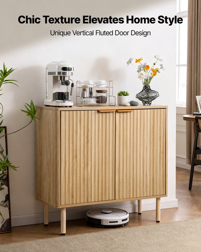 VEVOR Coffee Bar Cabinet, Mid Century Fluted Coffee Bar Table with 2-Tier Storage, Buffet Stand Cabinet with 2 Barn Door, Sideboard Buffet Station for Living Room, Entryway, 31.5 x 14.7 x 31.5 in, Oak - BSZSJ315YCYMN1VXL001V0 - view 3
