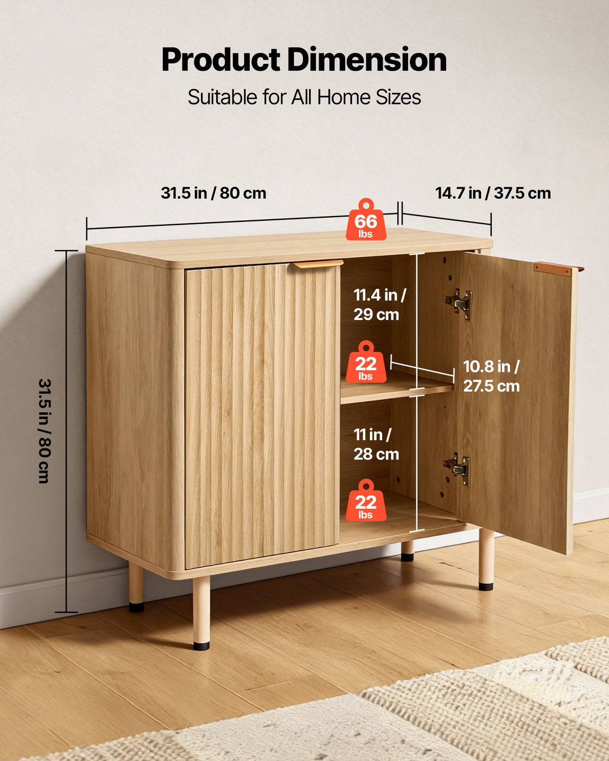 VEVOR Coffee Bar Cabinet, Mid Century Fluted Coffee Bar Table with 2-Tier Storage, Buffet Stand Cabinet with 2 Barn Door, Sideboard Buffet Station for Living Room, Entryway, 31.5 x 14.7 x 31.5 in, Oak - BSZSJ315YCYMN1VXL001V0 - view 4