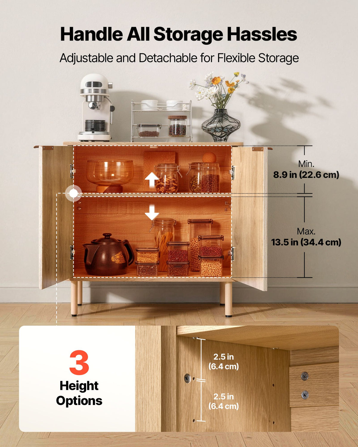 VEVOR Coffee Bar Cabinet, Mid Century Fluted Coffee Bar Table with 2-Tier Storage, Buffet Stand Cabinet with 2 Barn Door, Sideboard Buffet Station for Living Room, Entryway, 31.5 x 14.7 x 31.5 in, Oak - BSZSJ315YCYMN1VXL001V0 - view 5
